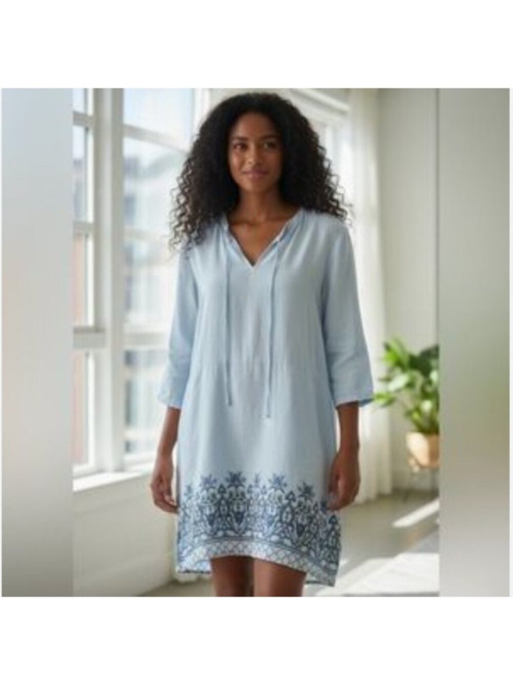 Roberta Roller Rabbit Tunic Dress Womens XS Blue Floral Border 3/4 Sleeve